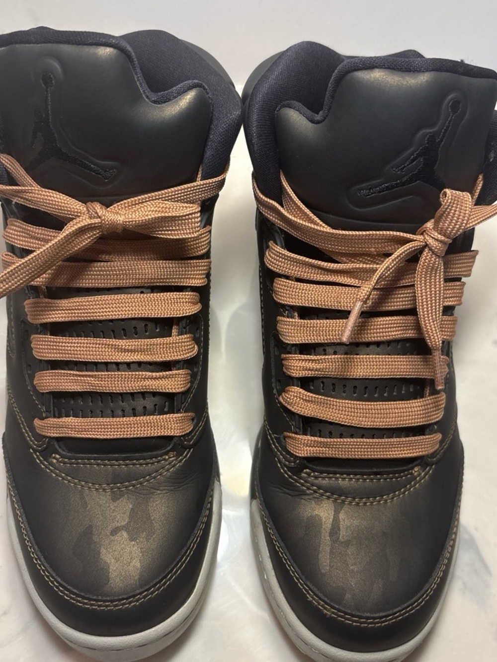 Youth Nike Jordan High-Top Sneakers in Black Camo with Tan Laces